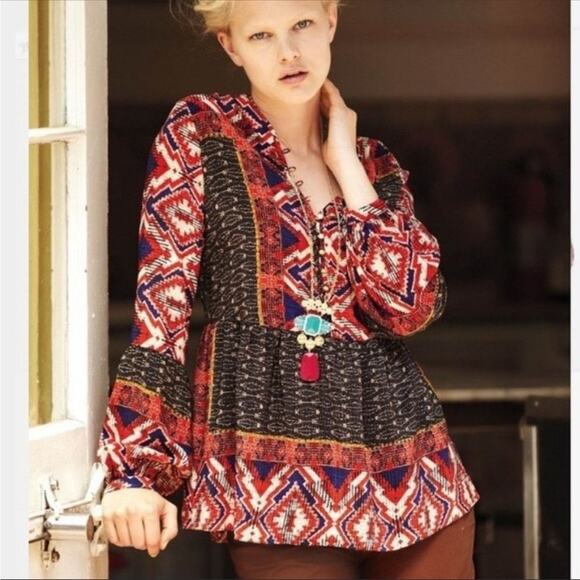 ANTHROPOLOGIE JOSEPH KONRAD Zydeco Red Black Peasant Silky Blouse Tunic Top M - Picture 10 of 10